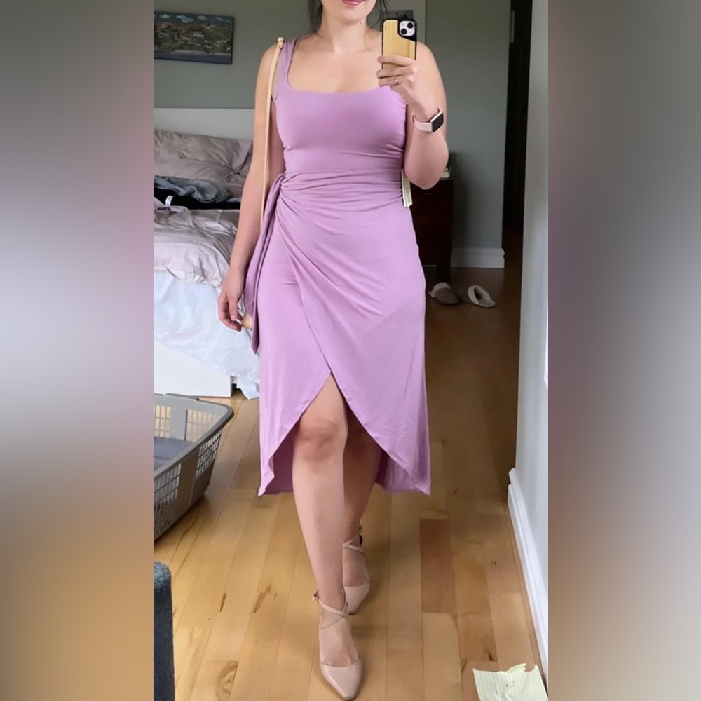 Wilfred Free Saturn summer midi dress with split skirt and faux wrap detail